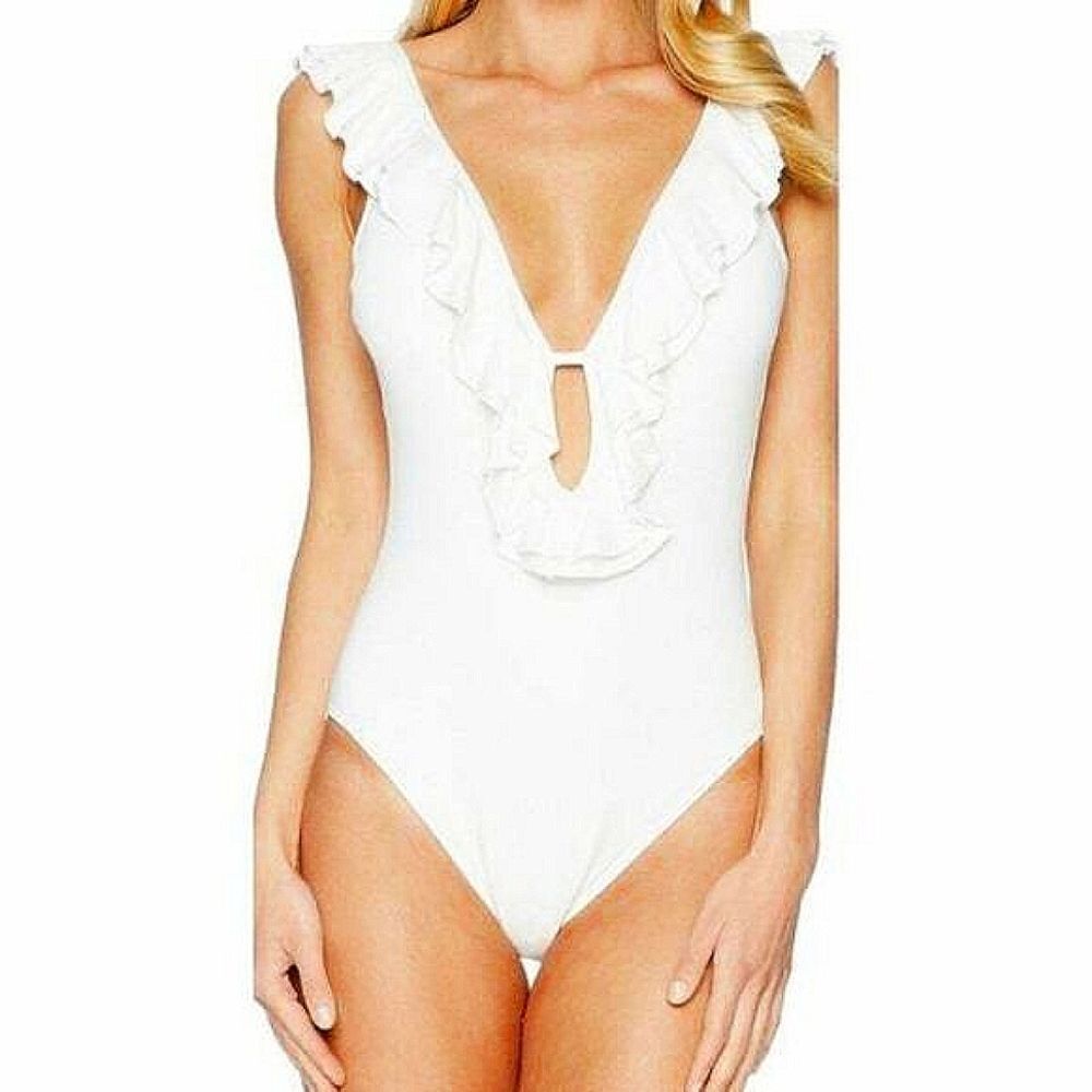 🆕️ Michael Kors Women’s White Ruffled plunging V Neck One Piece Swimsuit Size 8